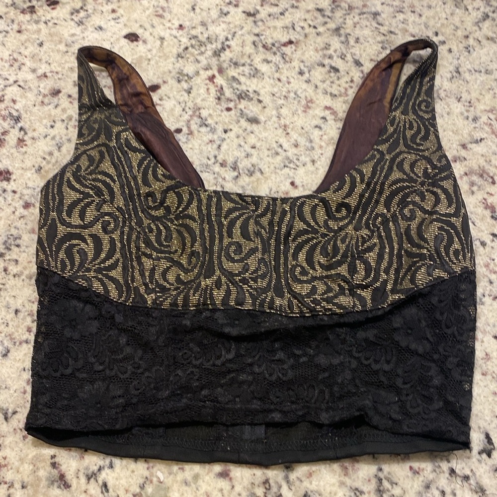 90s Vintage John Murrough Black Lace Bustier Top with Gold Detail